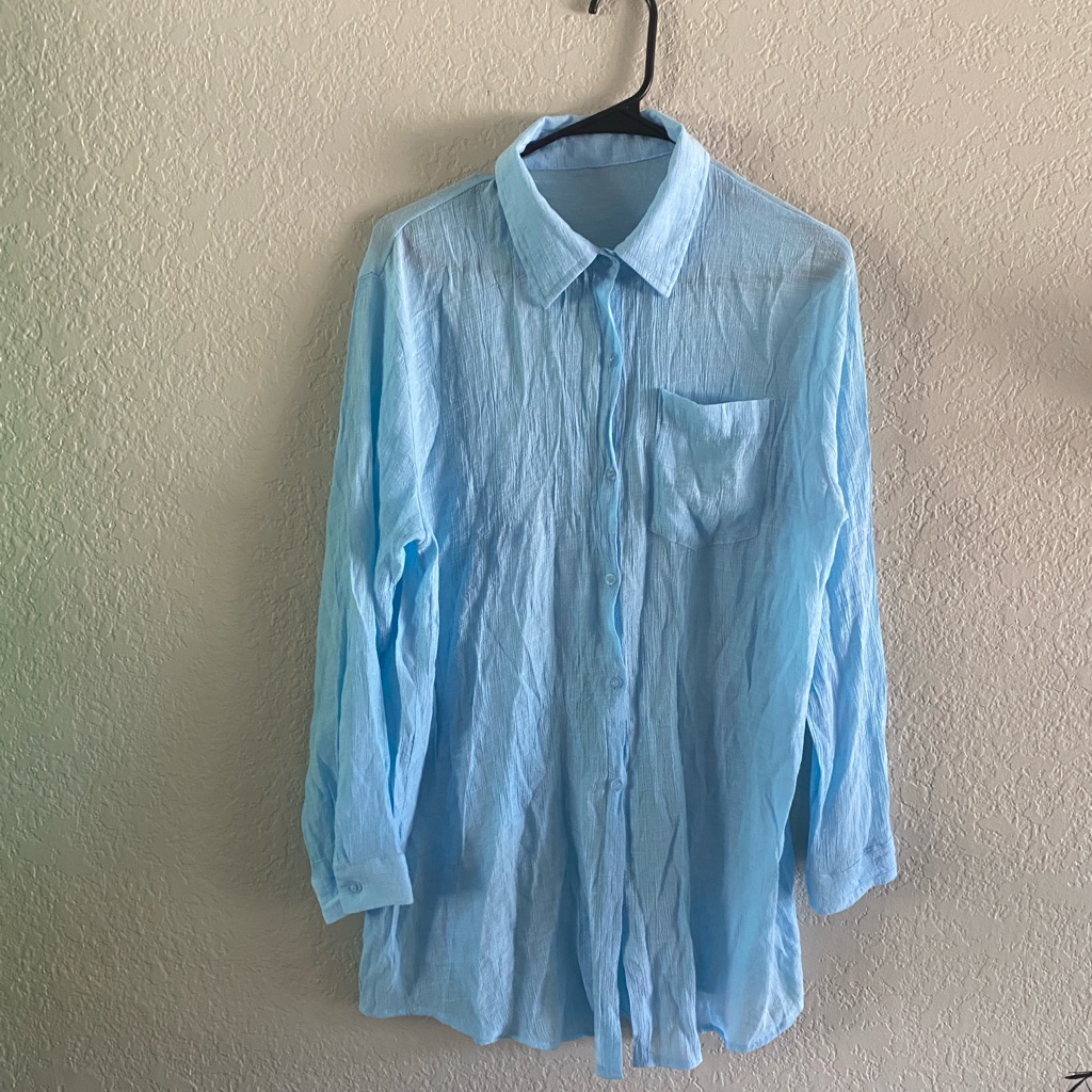 Blue Shirt Tunic Beach Coverup Buttoned Up Long Sleeves Front Pocket Blue Shirt Tunic Beach Coverup Buttoned Up Long Sleeves Front Pocket